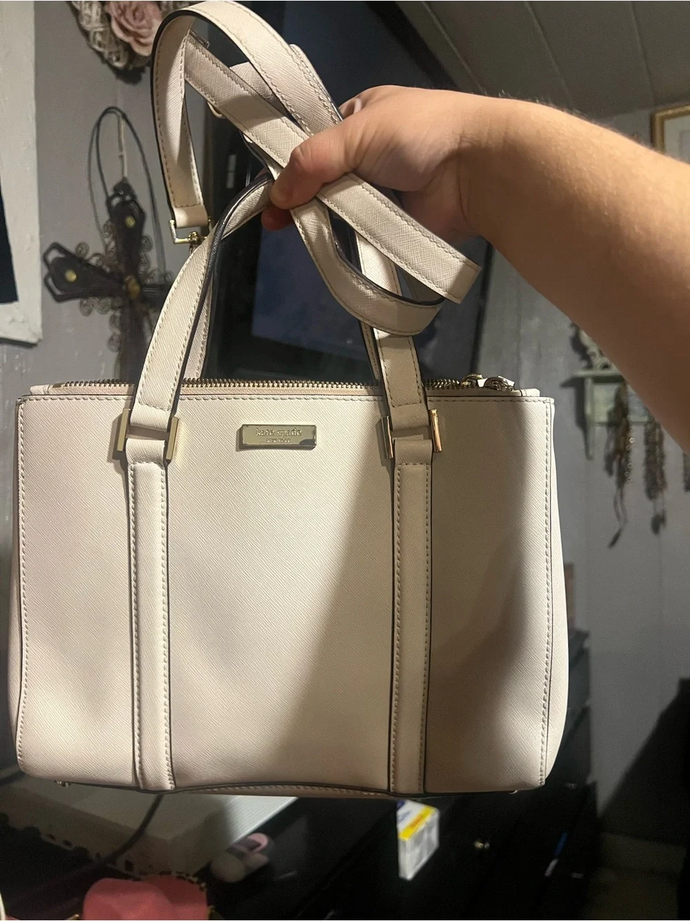 kate spade Cream Structured Satchel with Gold Hardware